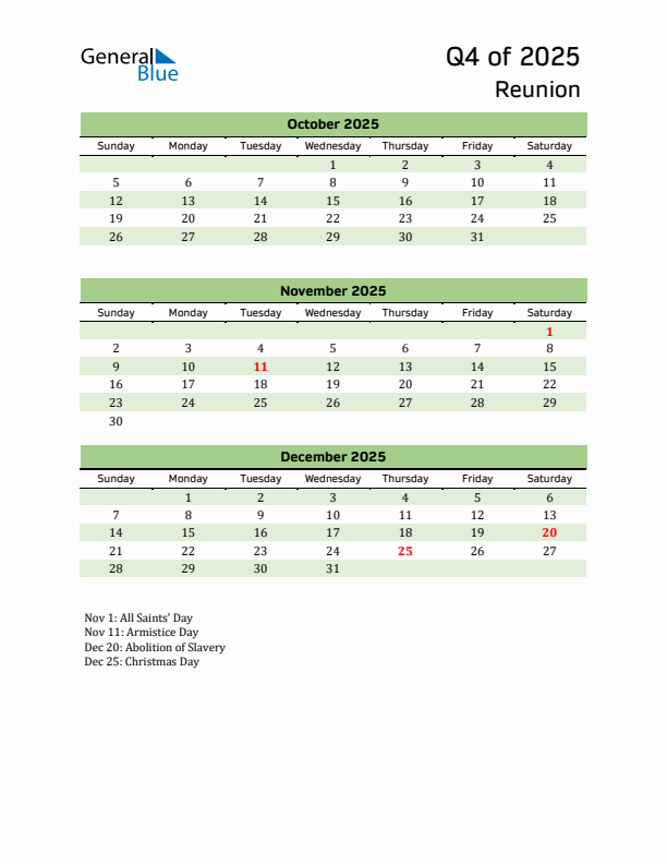 Quarterly Calendar 2025 with Reunion Holidays