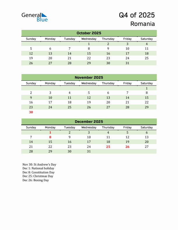 Quarterly Calendar 2025 with Romania Holidays