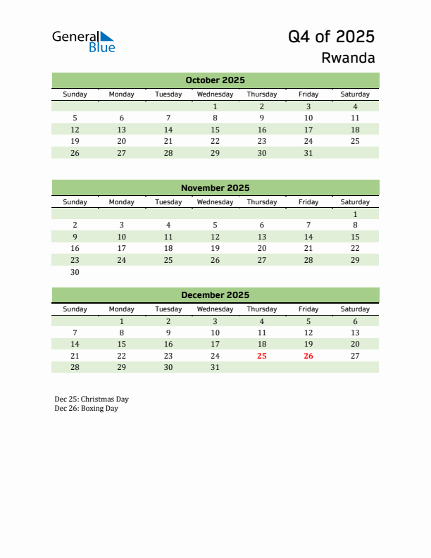 Quarterly Calendar 2025 with Rwanda Holidays