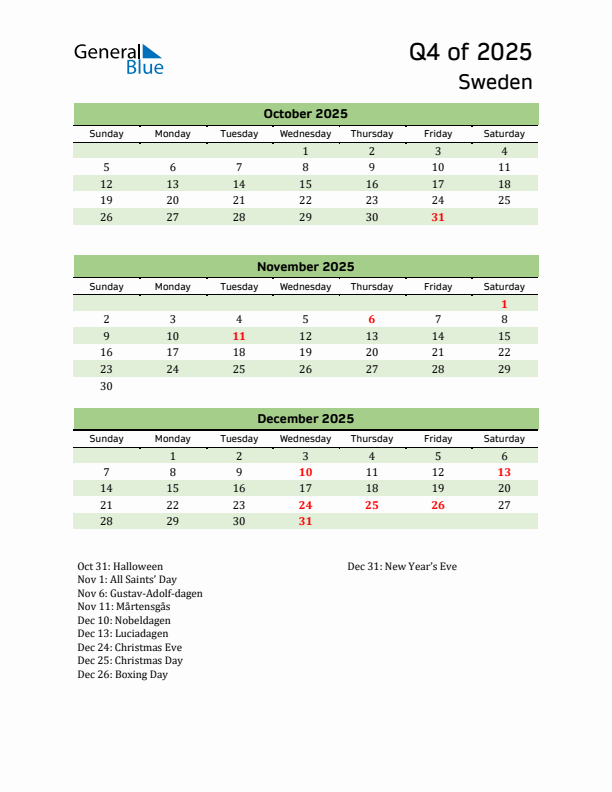 Quarterly Calendar 2025 with Sweden Holidays