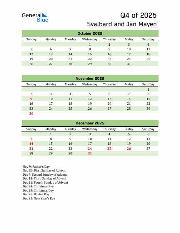 Quarterly Calendar 2025 with Svalbard and Jan Mayen Holidays