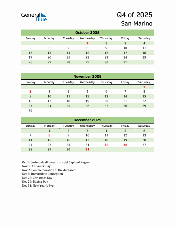 Quarterly Calendar 2025 with San Marino Holidays