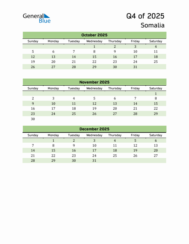 Quarterly Calendar 2025 with Somalia Holidays