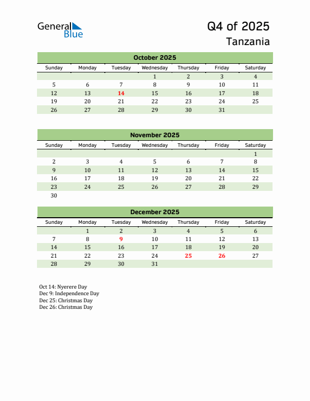 Quarterly Calendar 2025 with Tanzania Holidays