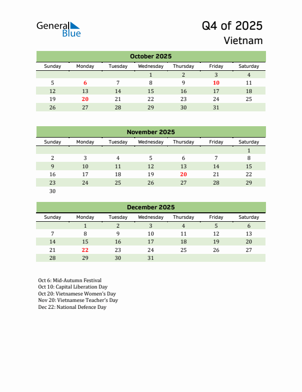 Quarterly Calendar 2025 with Vietnam Holidays