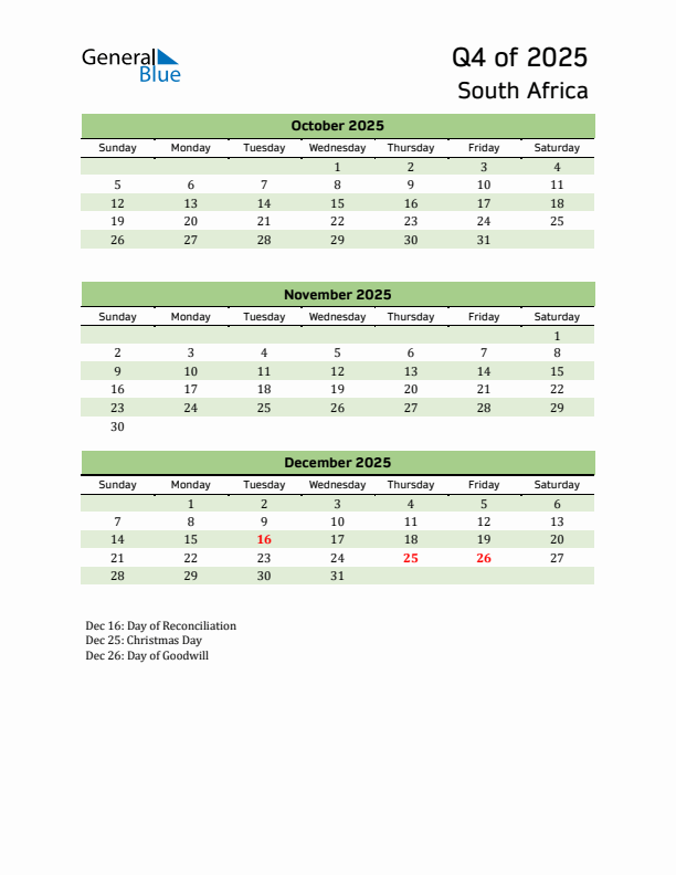 Quarterly Calendar 2025 with South Africa Holidays