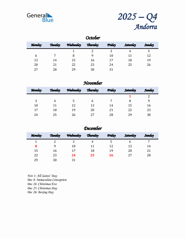 October, November, and December Calendar for Andorra with Monday Start