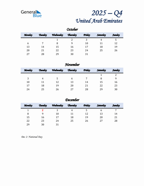 October, November, and December Calendar for United Arab Emirates with Monday Start