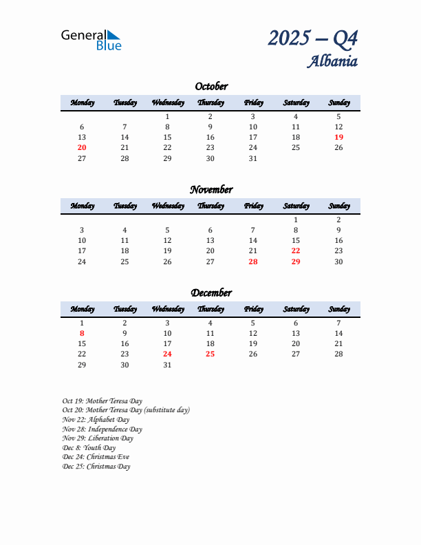 October, November, and December Calendar for Albania with Monday Start