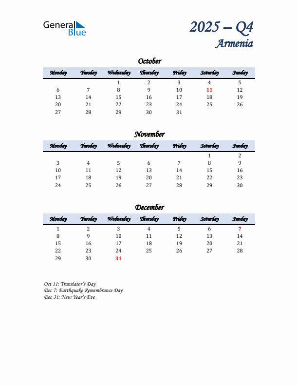 October, November, and December Calendar for Armenia with Monday Start