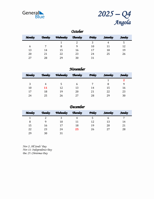 October, November, and December Calendar for Angola with Monday Start