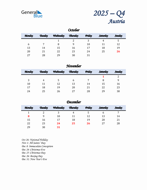 October, November, and December Calendar for Austria with Monday Start