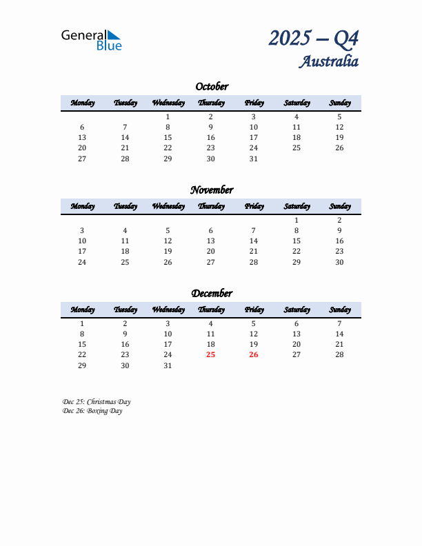 October, November, and December Calendar for Australia with Monday Start