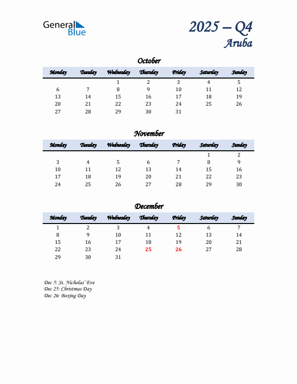 October, November, and December Calendar for Aruba with Monday Start