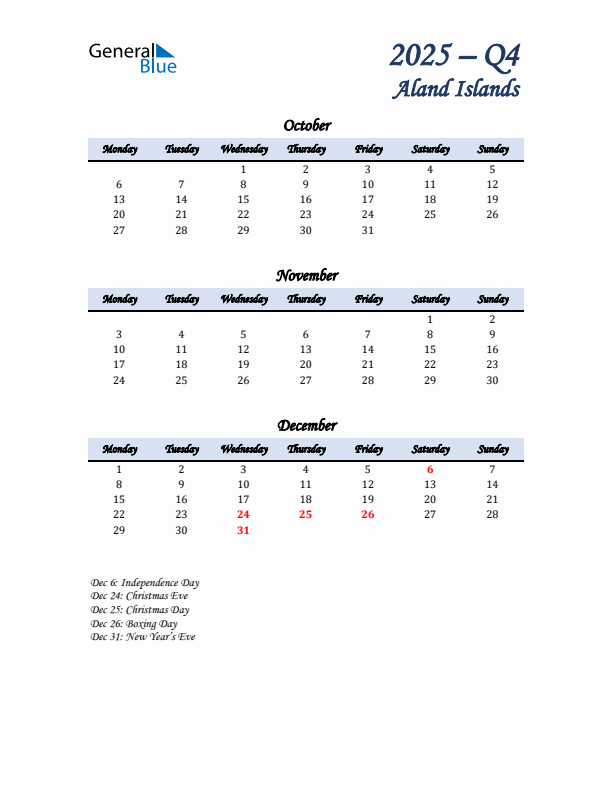 October, November, and December Calendar for Aland Islands with Monday Start