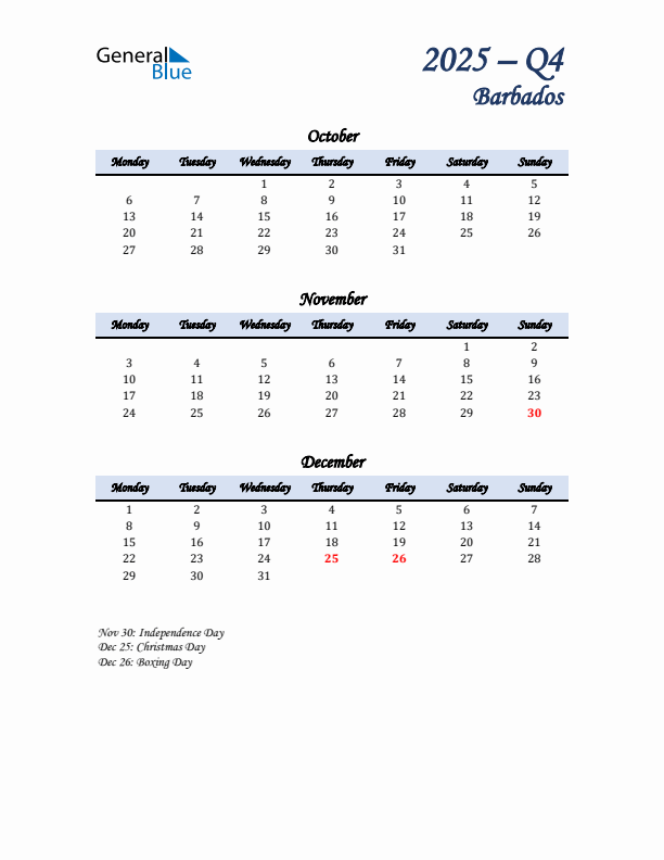 October, November, and December Calendar for Barbados with Monday Start