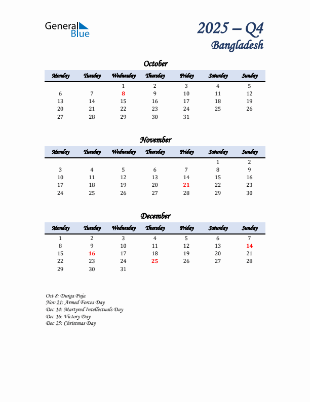 October, November, and December Calendar for Bangladesh with Monday Start