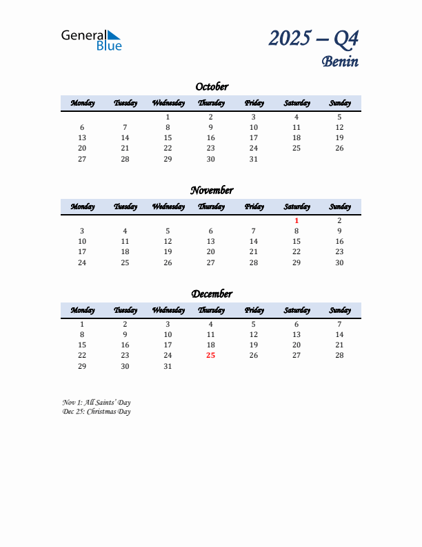 October, November, and December Calendar for Benin with Monday Start