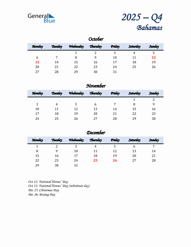 October, November, and December Calendar for Bahamas with Monday Start