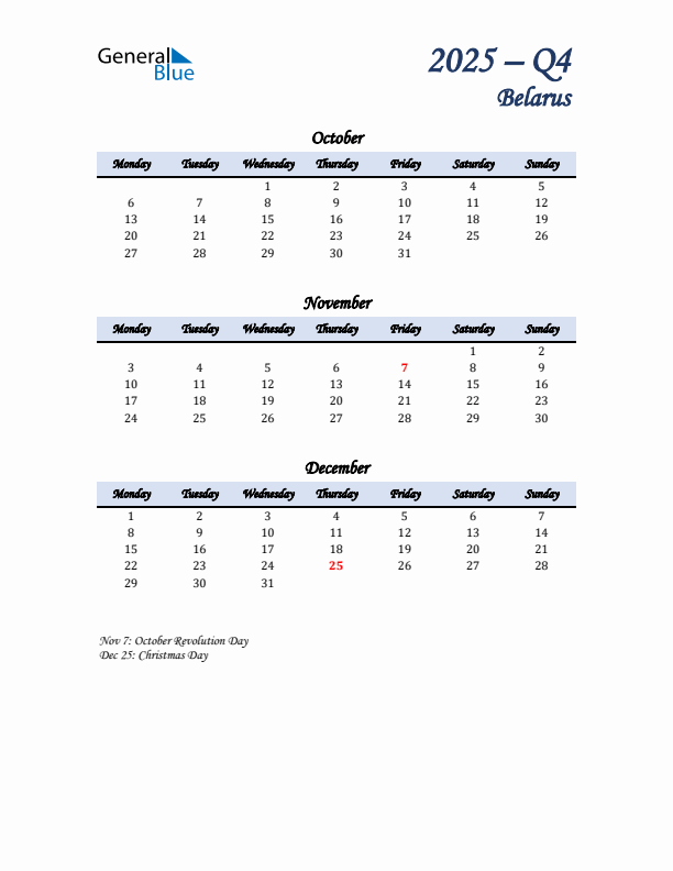 October, November, and December Calendar for Belarus with Monday Start