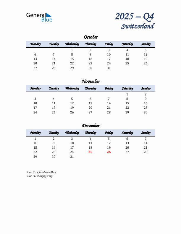 October, November, and December Calendar for Switzerland with Monday Start