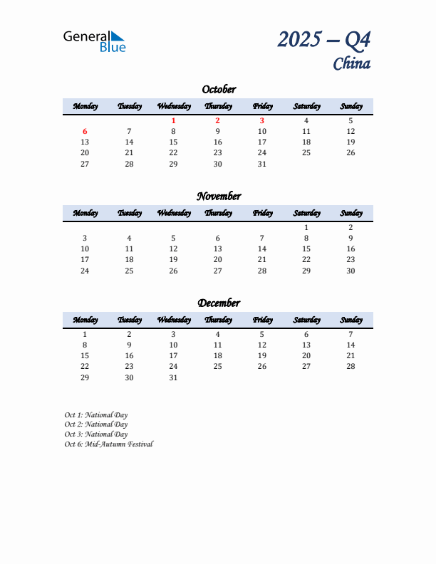 October, November, and December Calendar for China with Monday Start