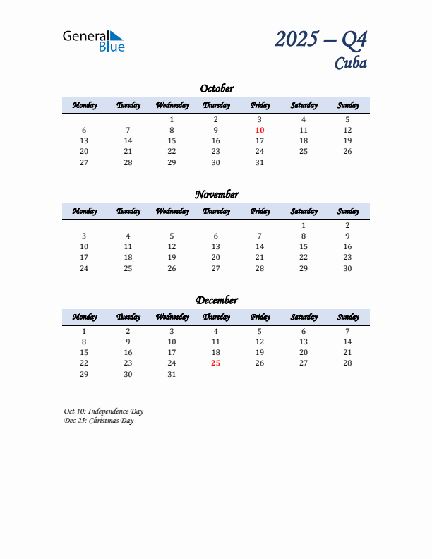 October, November, and December Calendar for Cuba with Monday Start