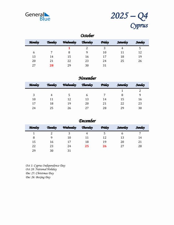 October, November, and December Calendar for Cyprus with Monday Start