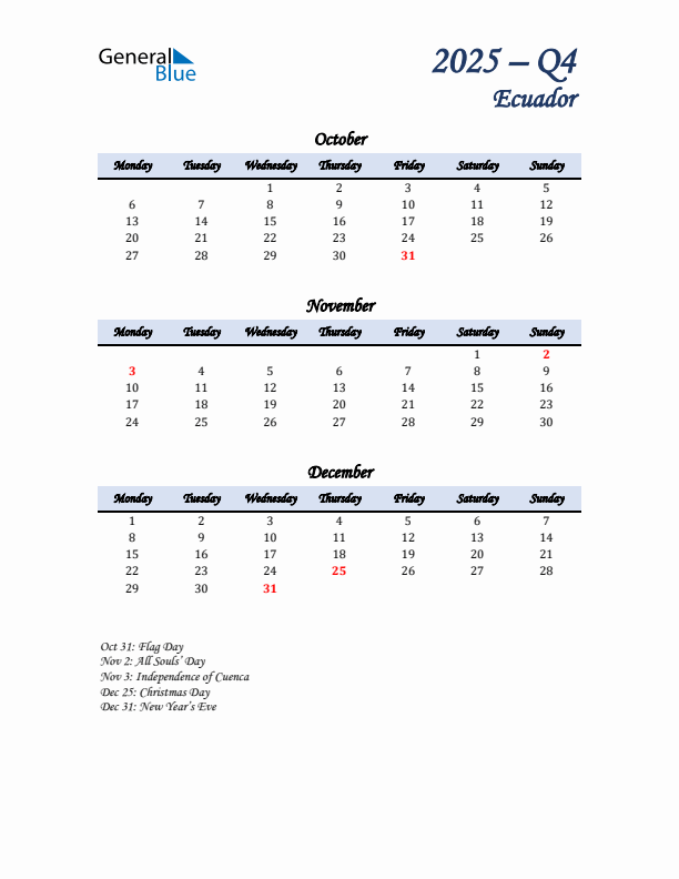 October, November, and December Calendar for Ecuador with Monday Start