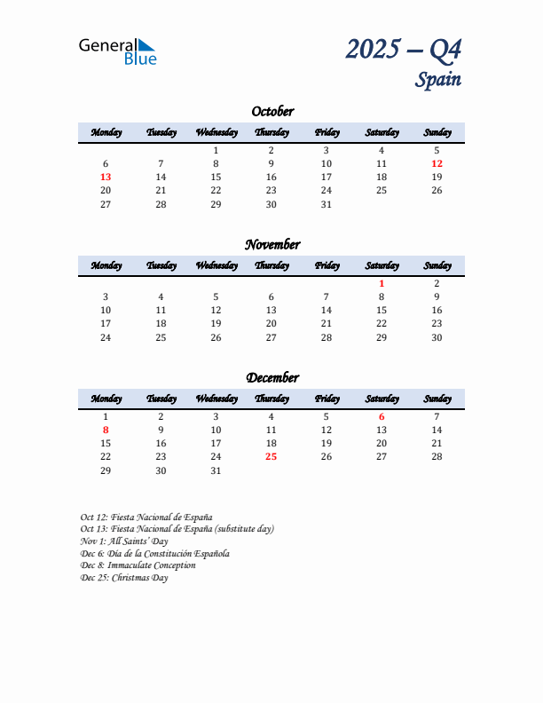 October, November, and December Calendar for Spain with Monday Start