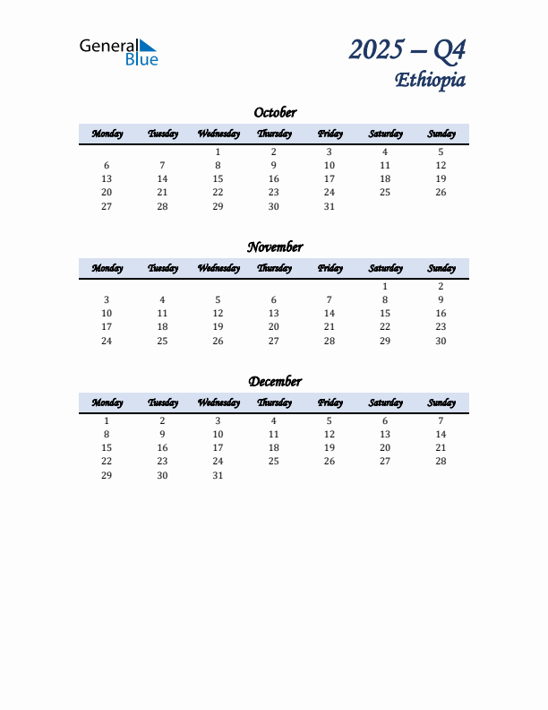 October, November, and December Calendar for Ethiopia with Monday Start