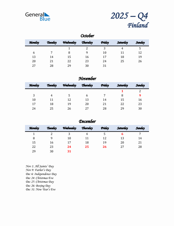 October, November, and December Calendar for Finland with Monday Start