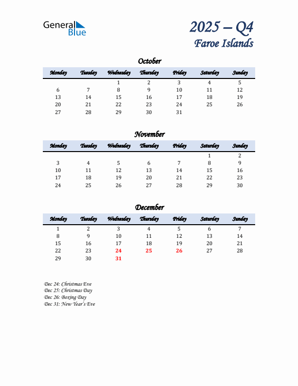 October, November, and December Calendar for Faroe Islands with Monday Start