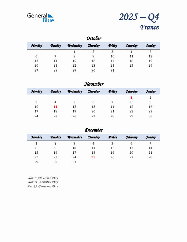 October, November, and December Calendar for France with Monday Start