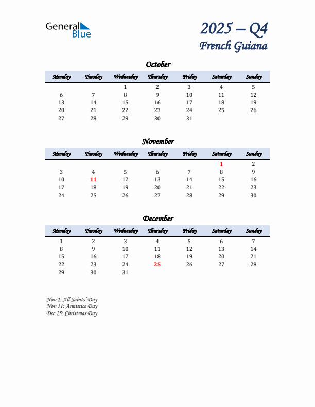 October, November, and December Calendar for French Guiana with Monday Start