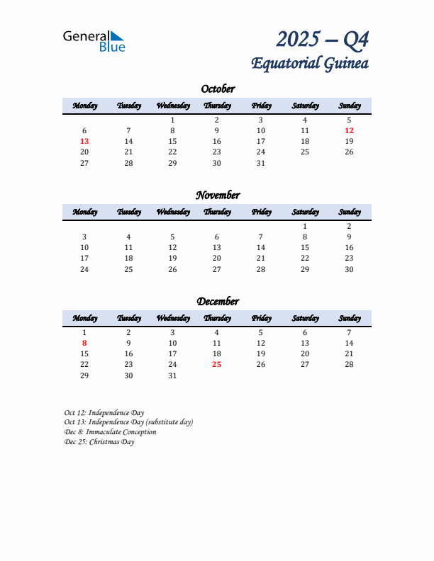 October, November, and December Calendar for Equatorial Guinea with Monday Start