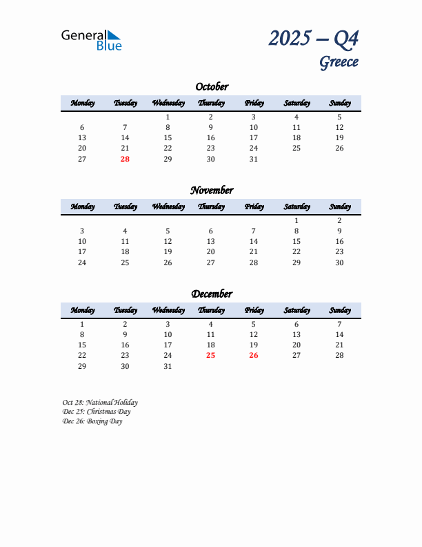 October, November, and December Calendar for Greece with Monday Start