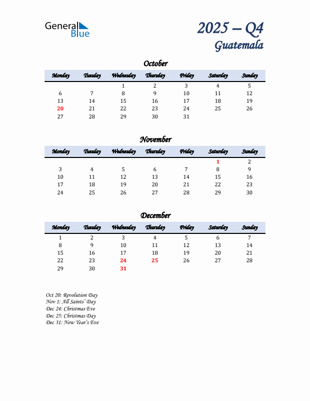 October, November, and December Calendar for Guatemala with Monday Start