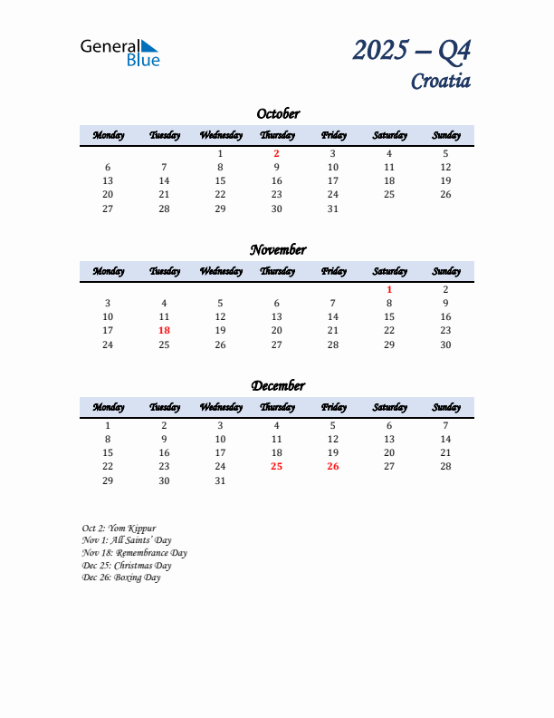 October, November, and December Calendar for Croatia with Monday Start