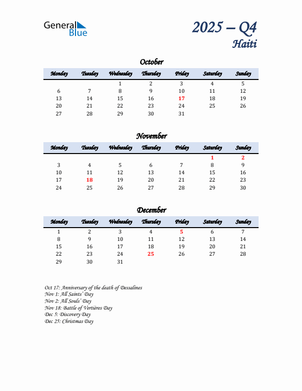 October, November, and December Calendar for Haiti with Monday Start