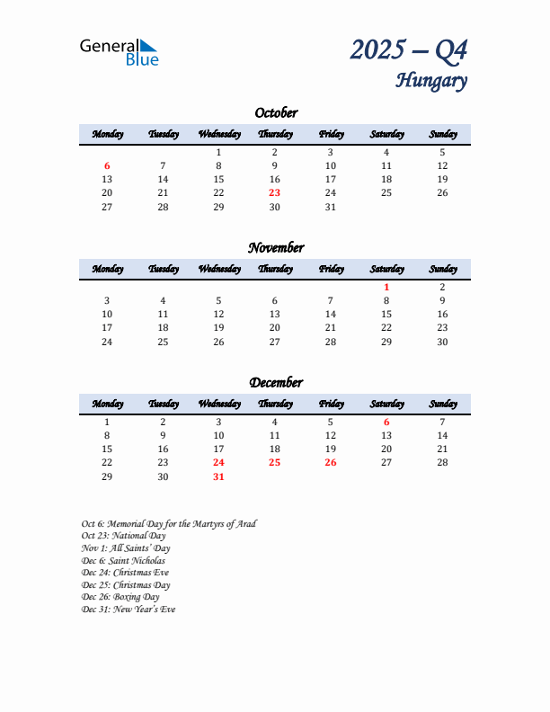 October, November, and December Calendar for Hungary with Monday Start