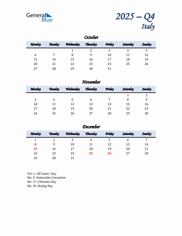 October, November, and December Calendar for Italy with Monday Start