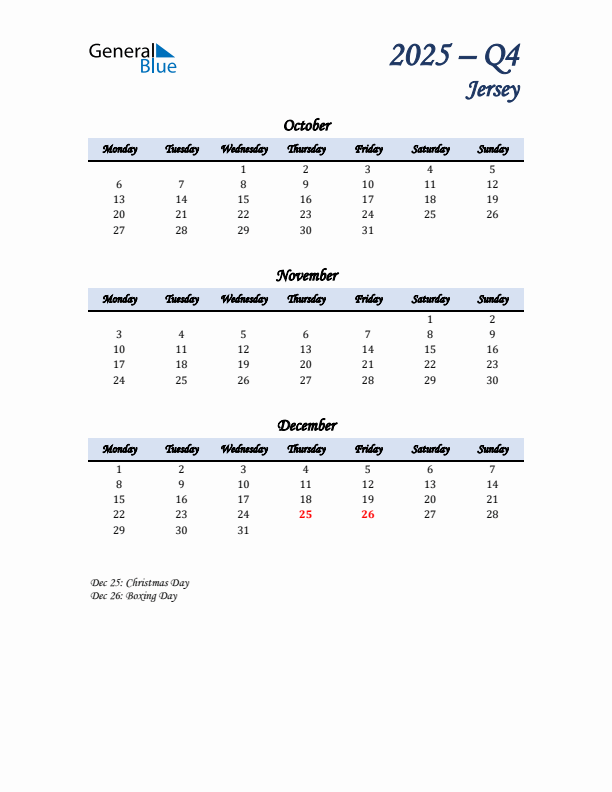 October, November, and December Calendar for Jersey with Monday Start