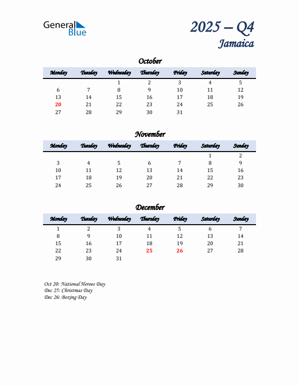 October, November, and December Calendar for Jamaica with Monday Start