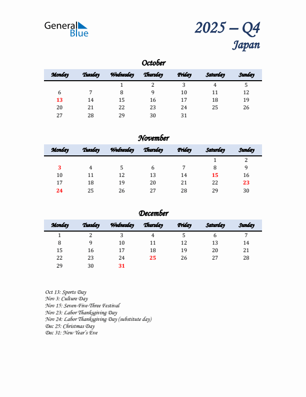 October, November, and December Calendar for Japan with Monday Start