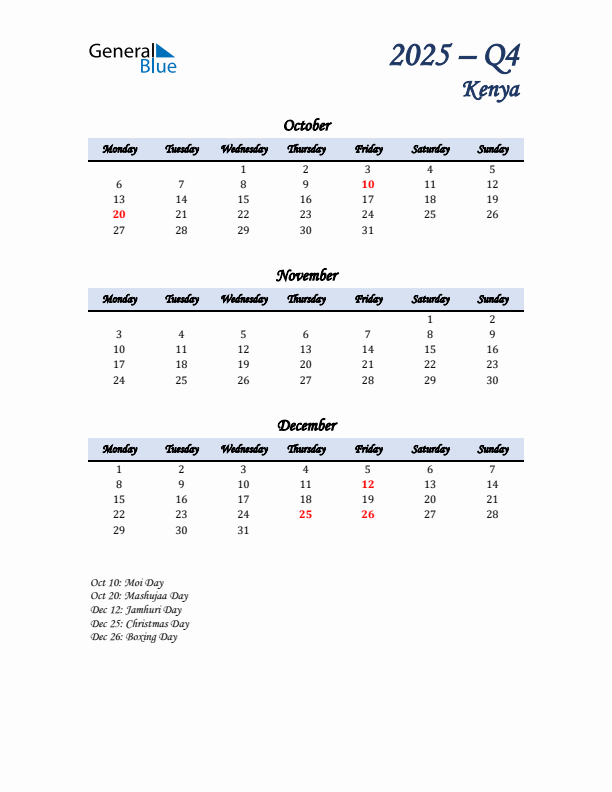 October, November, and December Calendar for Kenya with Monday Start