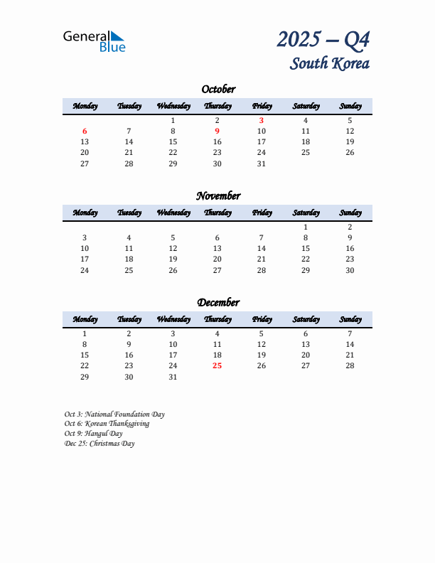 October, November, and December Calendar for South Korea with Monday Start