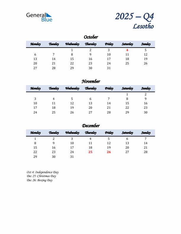 October, November, and December Calendar for Lesotho with Monday Start