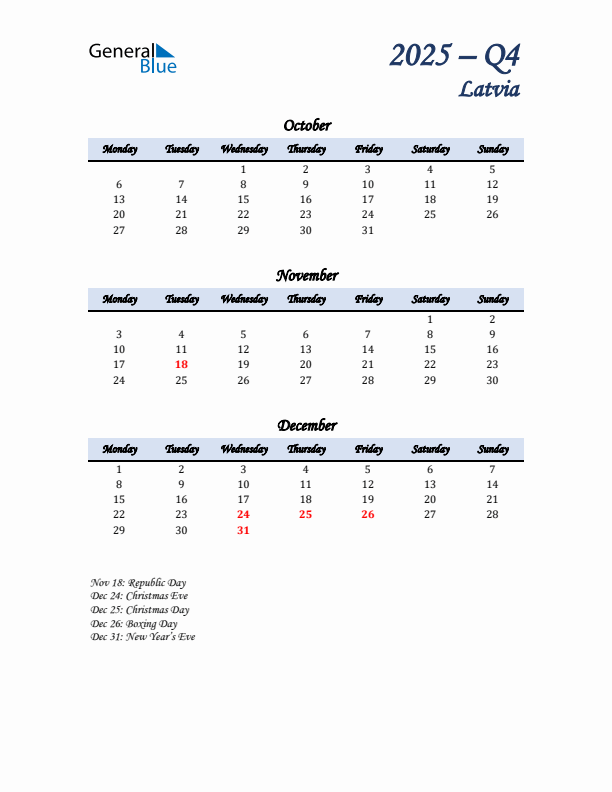 October, November, and December Calendar for Latvia with Monday Start