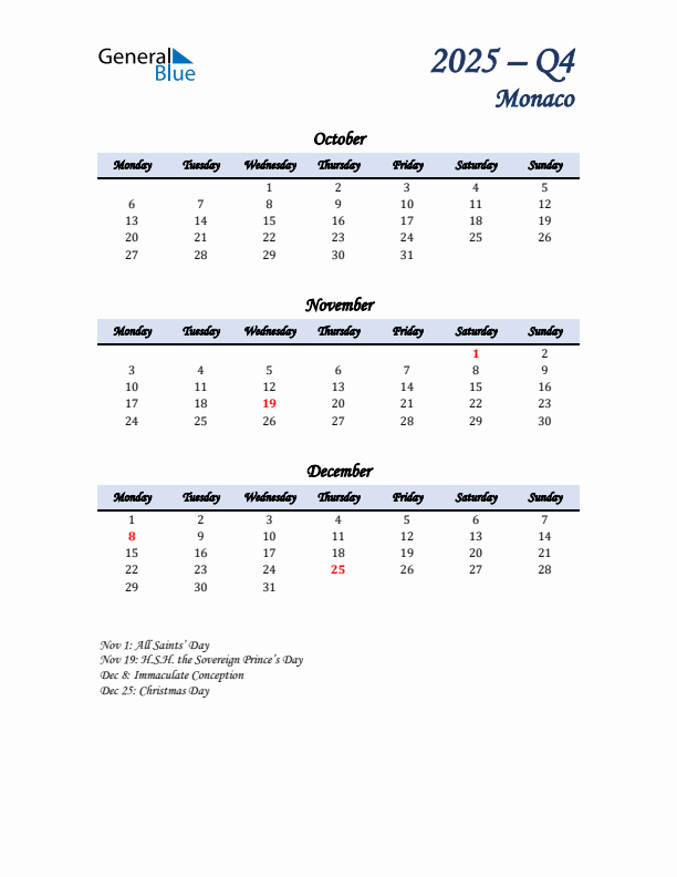 October, November, and December Calendar for Monaco with Monday Start